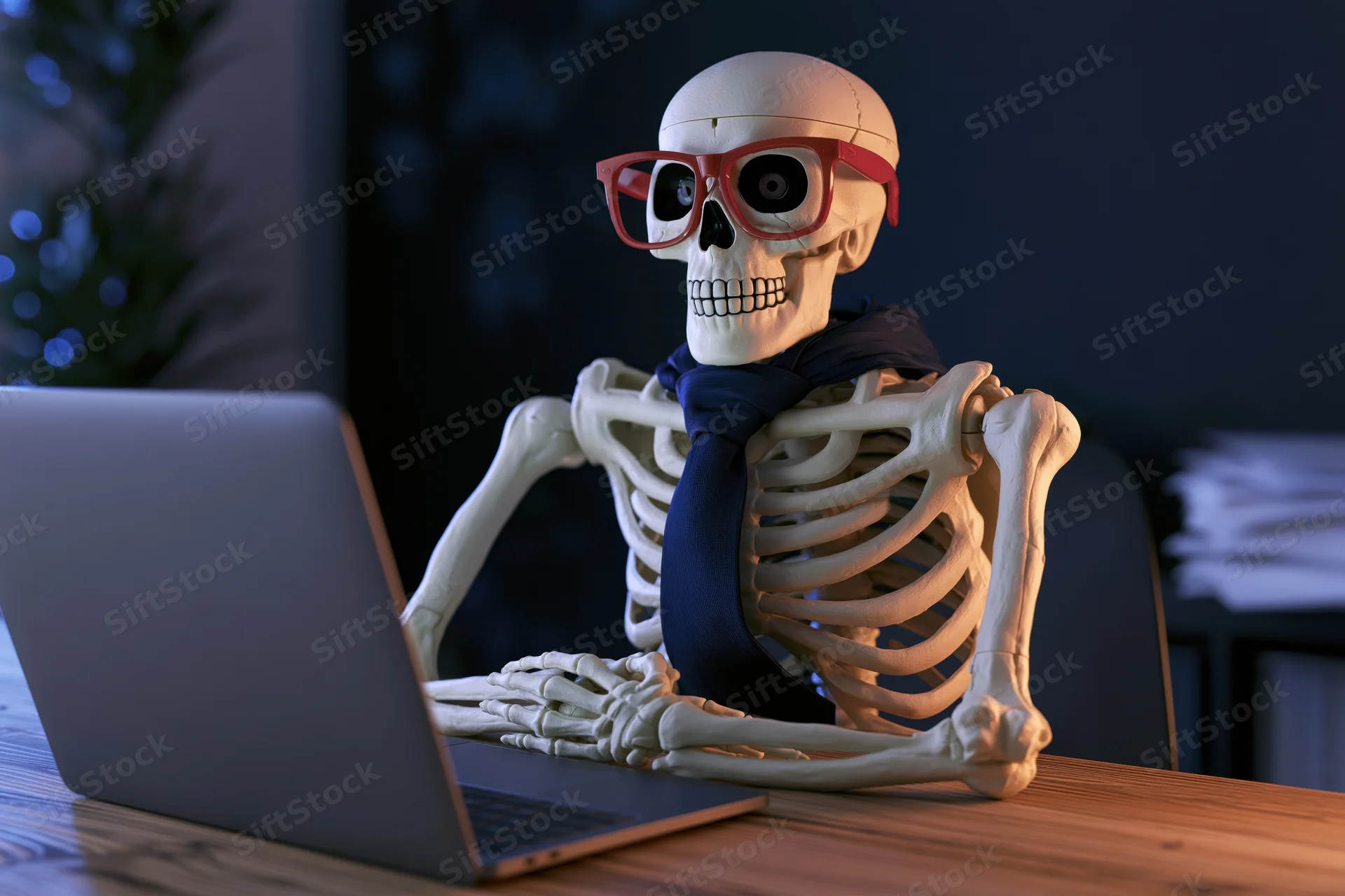 Skeleton wearing red glasses and tie sits at desk using laptop in office setting
