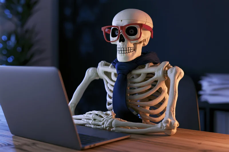 Skeleton wearing red glasses and tie sits at desk using laptop in office setting