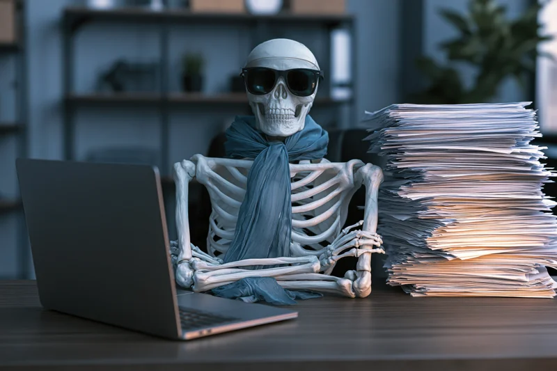 Skeleton wearing sunglasses and blue scarf working at desk with laptop and stack of papers