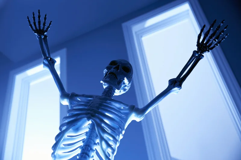 Human skeleton model with arms raised in a blue-lit room near windows