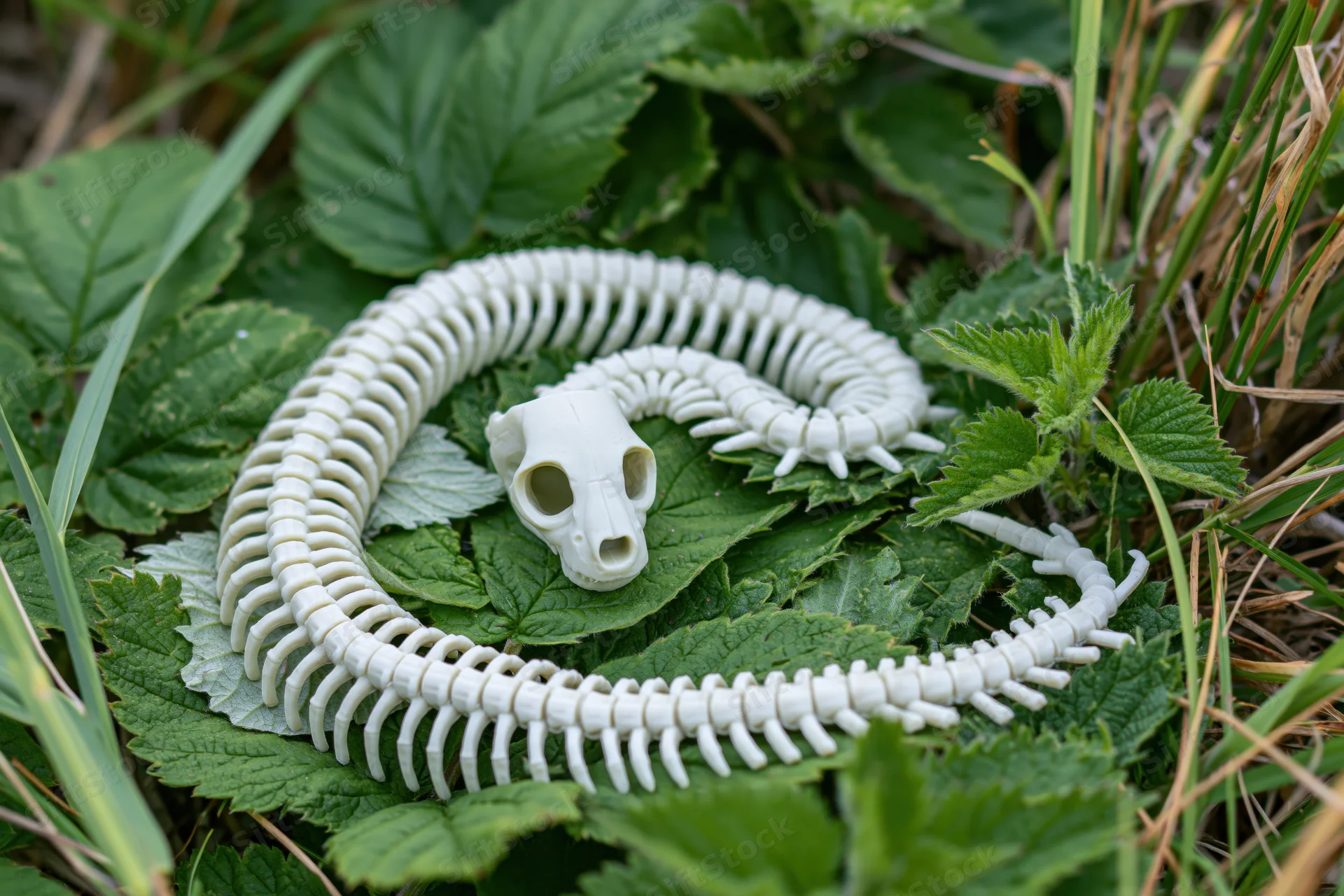 White plastic snake skeleton toy coiled on green leaves in natural outdoor setting