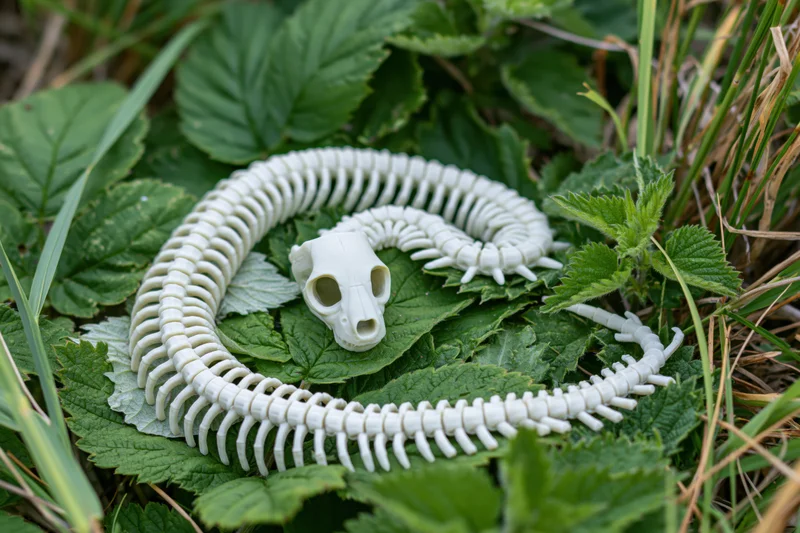 White plastic snake skeleton toy coiled on green leaves in natural outdoor setting