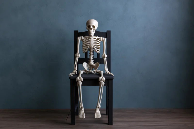 Plastic toy skeleton sitting upright on a black chair against a blue wall