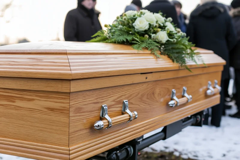 Wooden coffin with white roses and greenery on display outdoors in snow during funeral ceremony