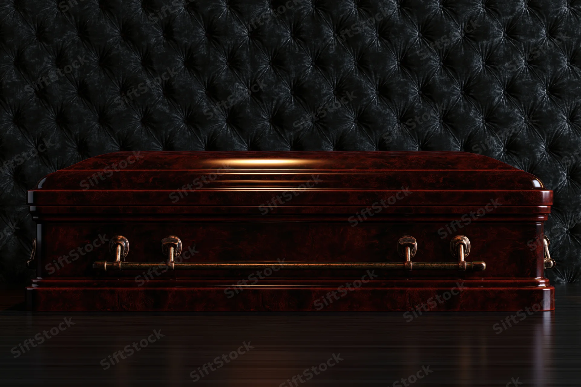 Polished mahogany casket with brass handles resting on dark wooden floor against tufted black leather wall