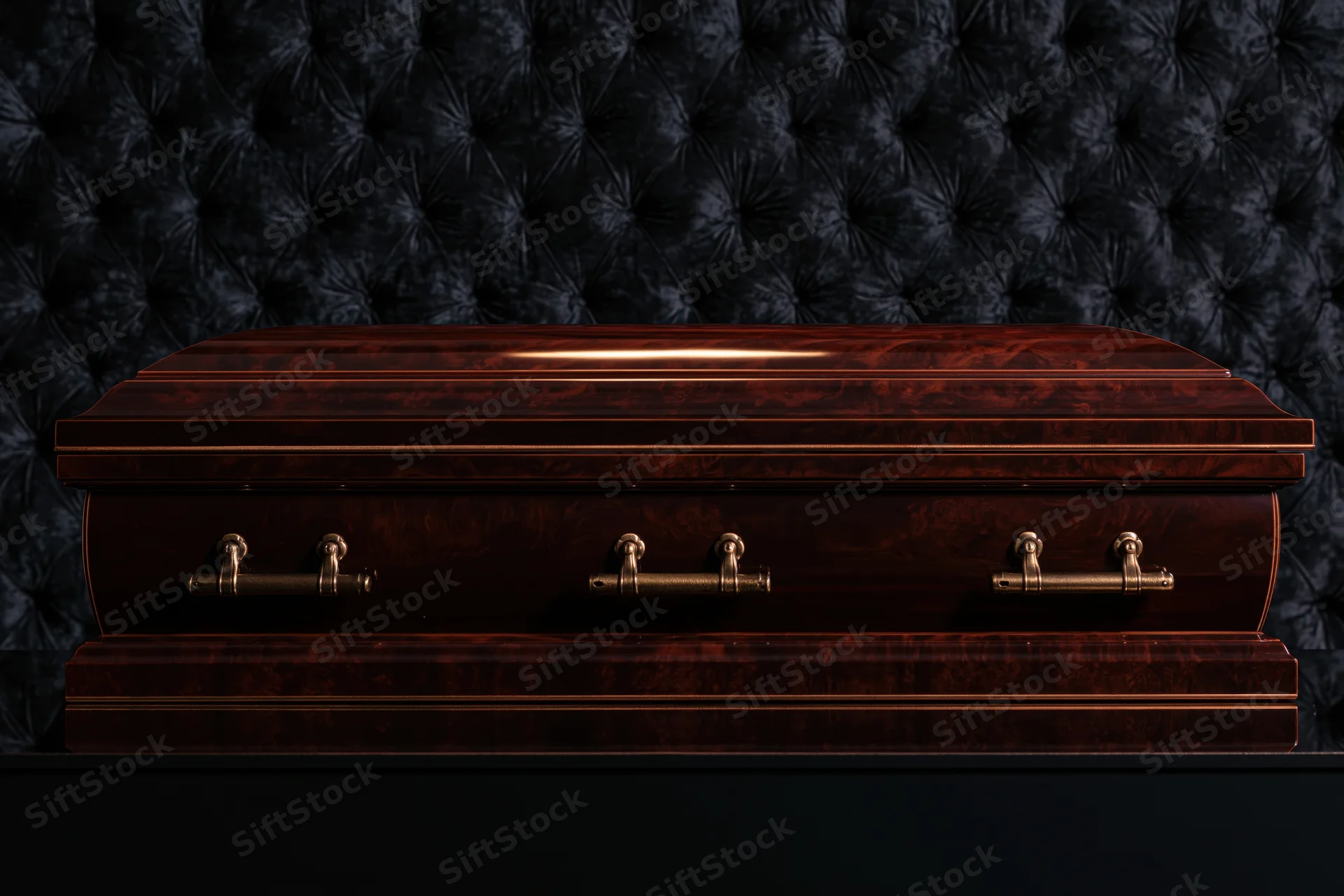Polished mahogany casket with brass handles resting on a black tufted leather surface