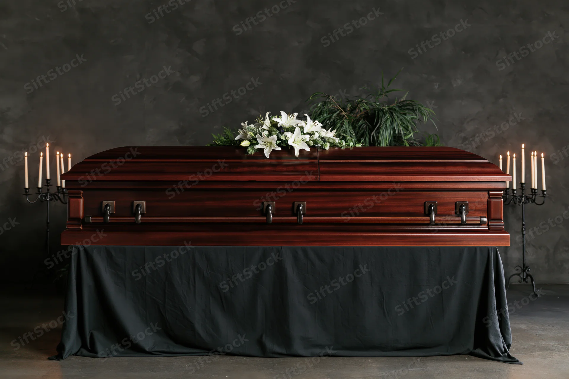Polished mahogany casket adorned with white lilies and greenery, flanked by lit candles on candelabras, resting on a black-draped stand against a dark textured wall