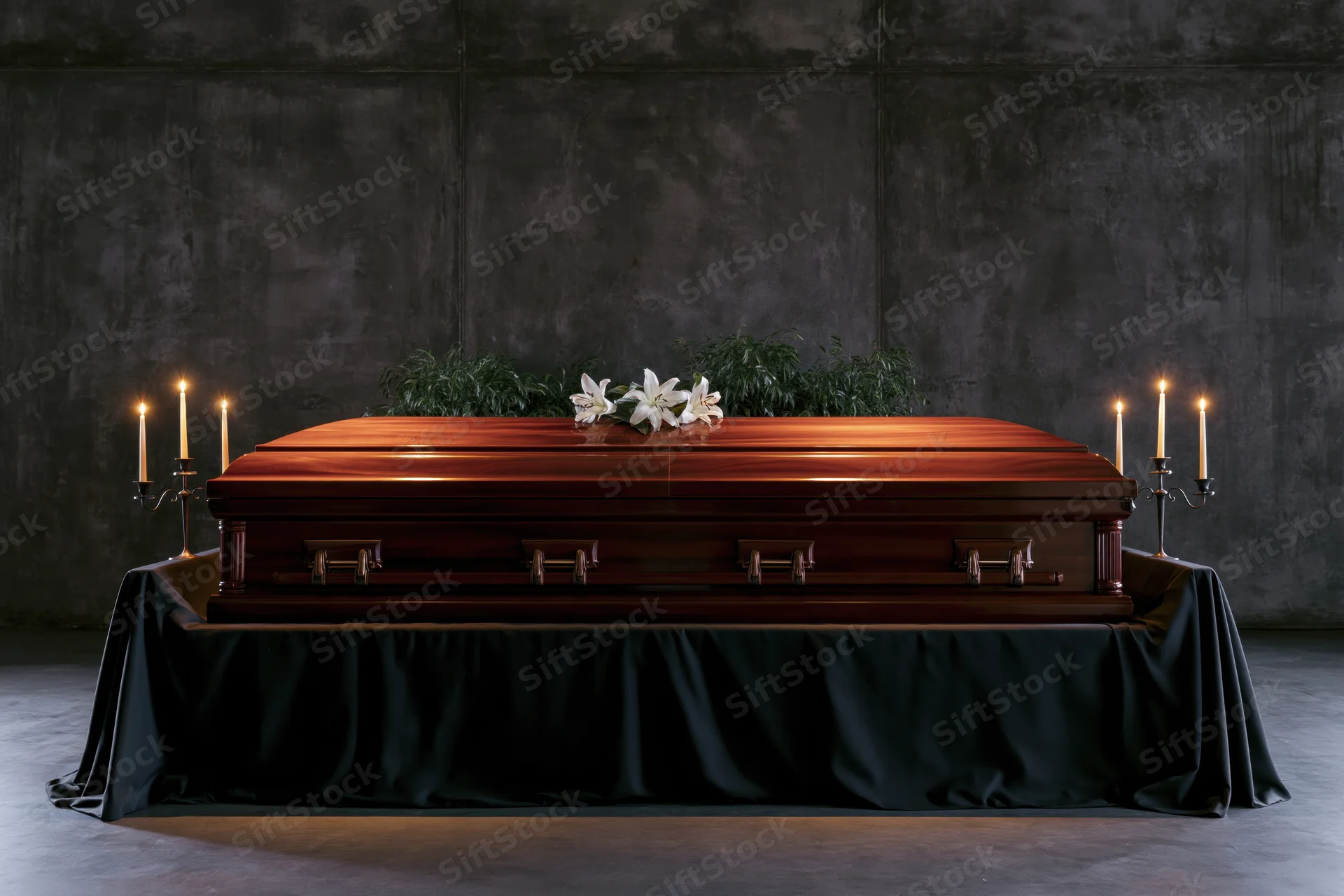 Polished mahogany casket on black-draped stand with white lilies and lit candles against dark concrete wall