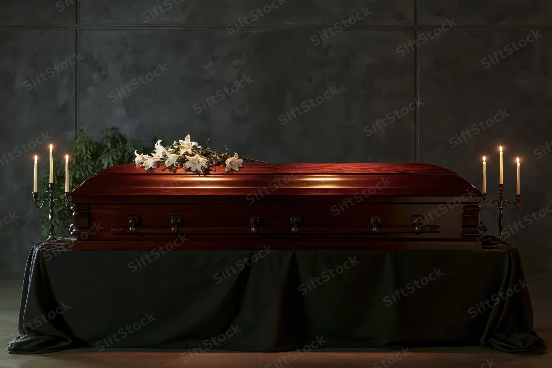 Polished mahogany casket with white lilies and lit candles on draped table in dark interior