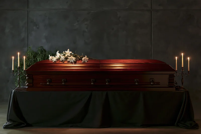 Polished mahogany casket with white lilies and lit candles on draped table in dark interior