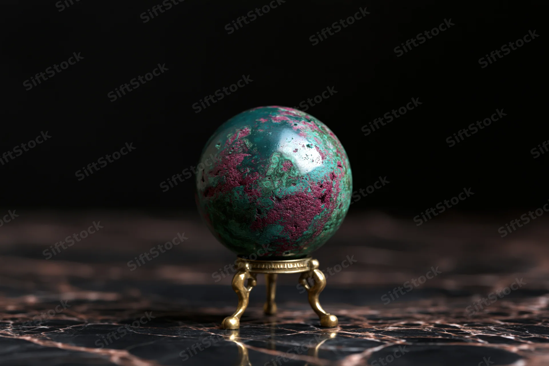 Polished malachite and ruby zoisite sphere on brass stand on dark marble surface