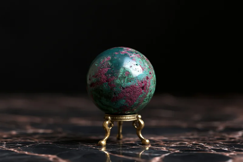 Polished malachite and ruby zoisite sphere on brass stand on dark marble surface