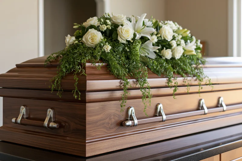 Polished walnut coffin with silver handles and white floral arrangement resting indoors