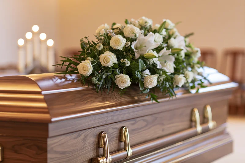 Polished wooden coffin with white roses and lilies arrangement in a lit funeral chapel