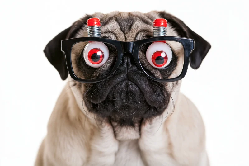 Pug wearing novelty glasses with red spring-mounted eyes, isolated on white background