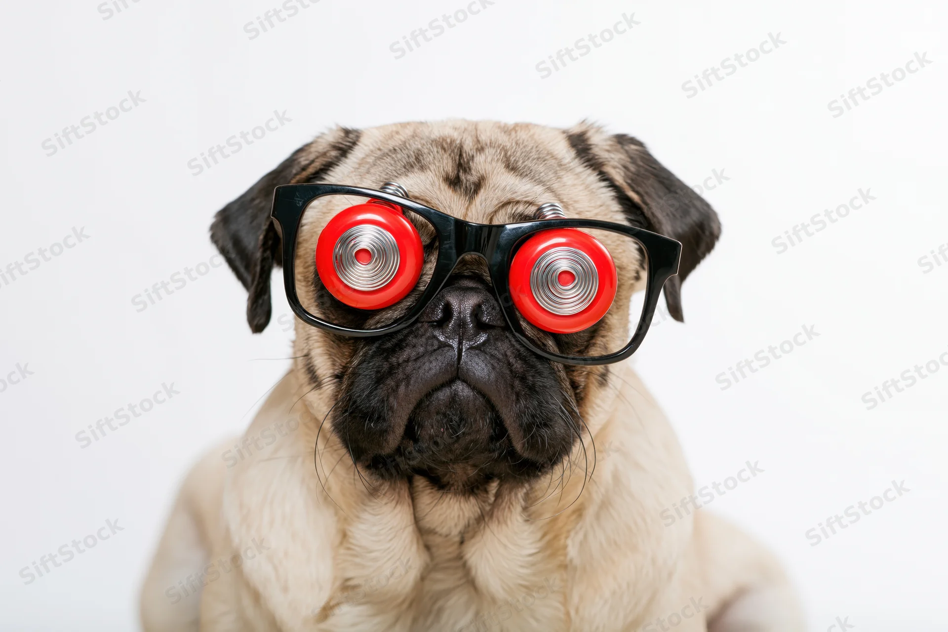 Pug wearing novelty glasses with red spring-mounted lenses in studio portrait