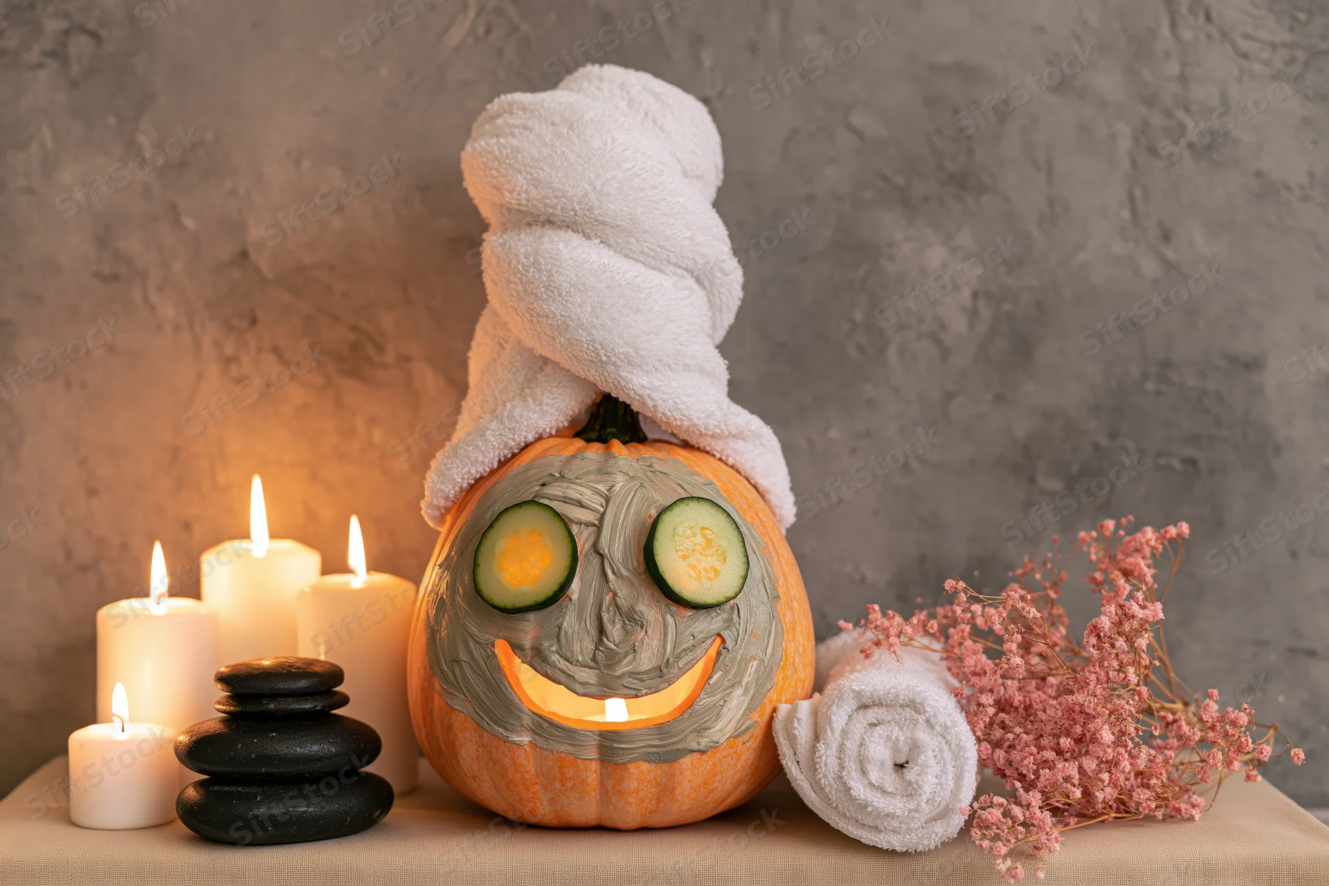 Pumpkin with face mask and towel on head surrounded by candles and stones on table
