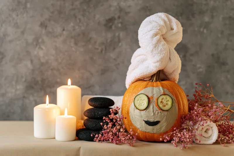 Pumpkin with facial mask and cucumber slices wearing towel on head surrounded by candles and stones on table