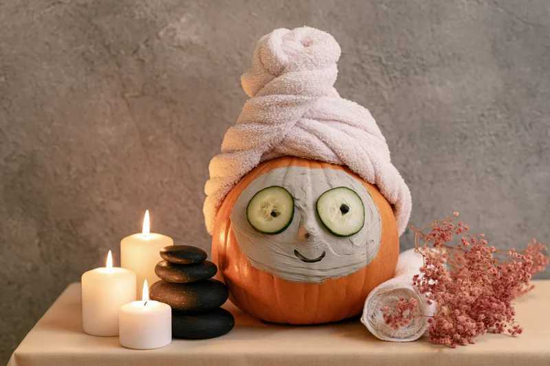 Pumpkin with facial mask and towel on head surrounded by candles and stones on table