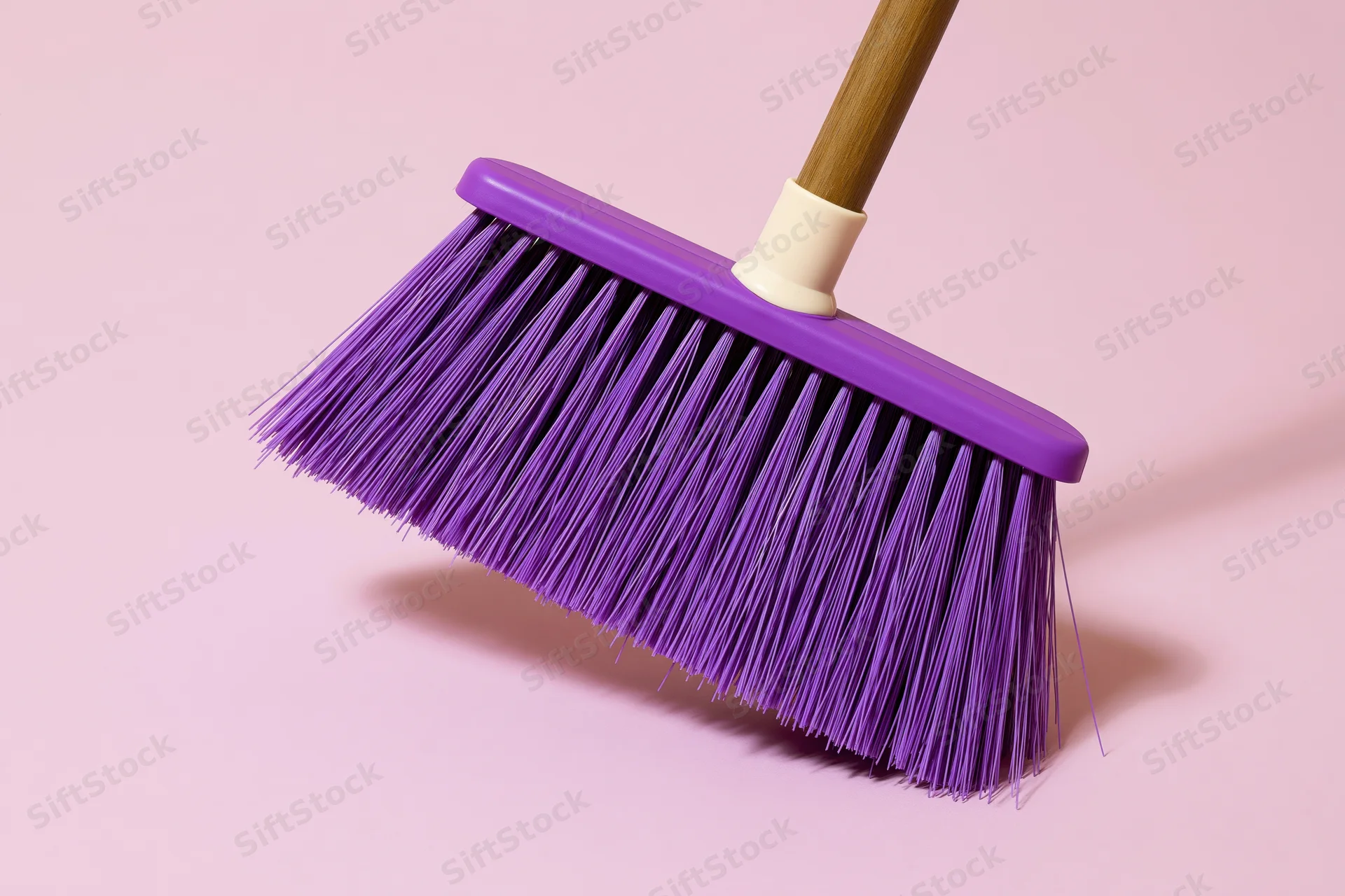 Purple plastic broom with dense synthetic bristles on a pink background