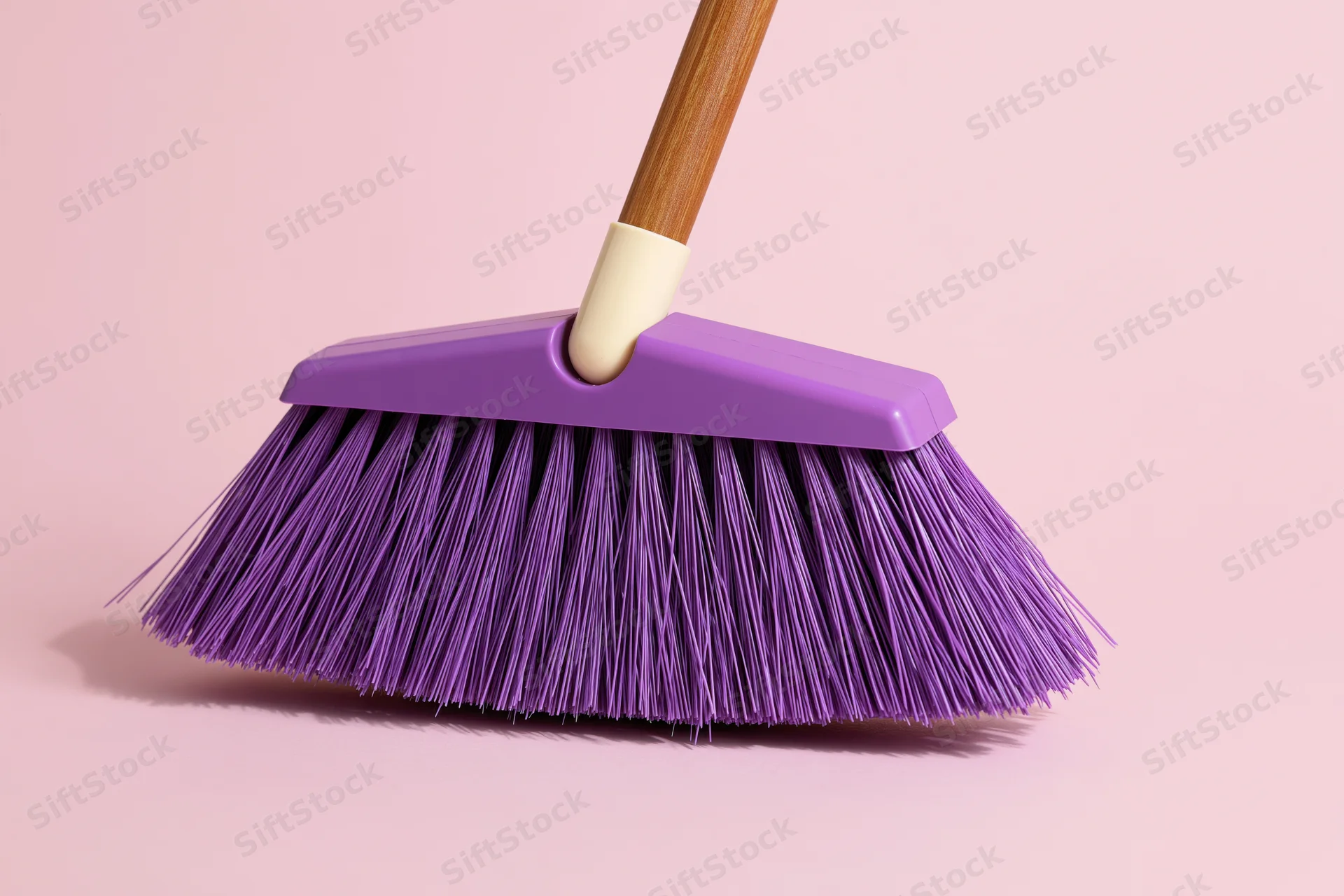 Purple plastic broom with dense synthetic bristles and wooden handle on pink background