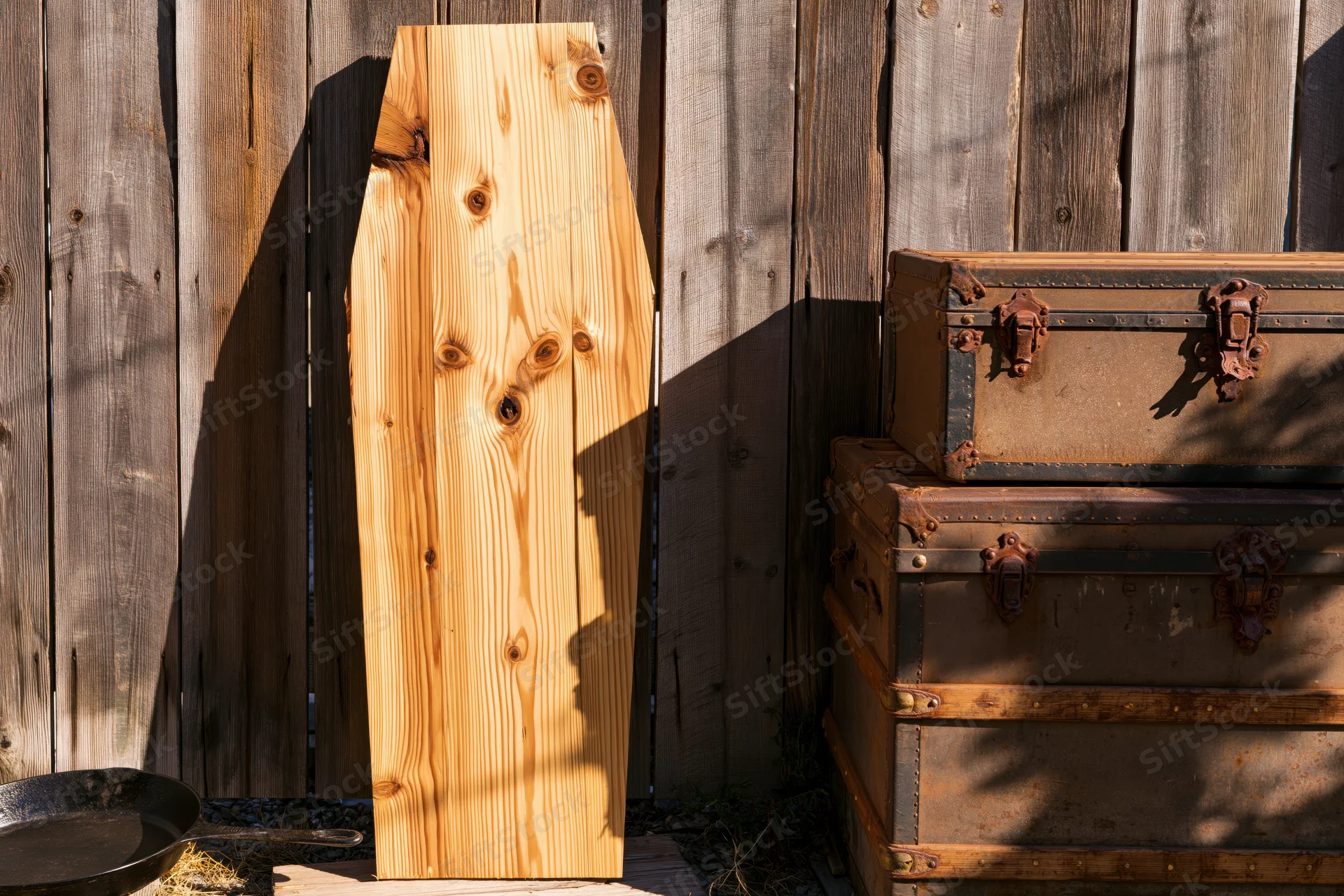 Raw pine coffin leaning upright against weathered wooden fence beside stacked vintage trunks