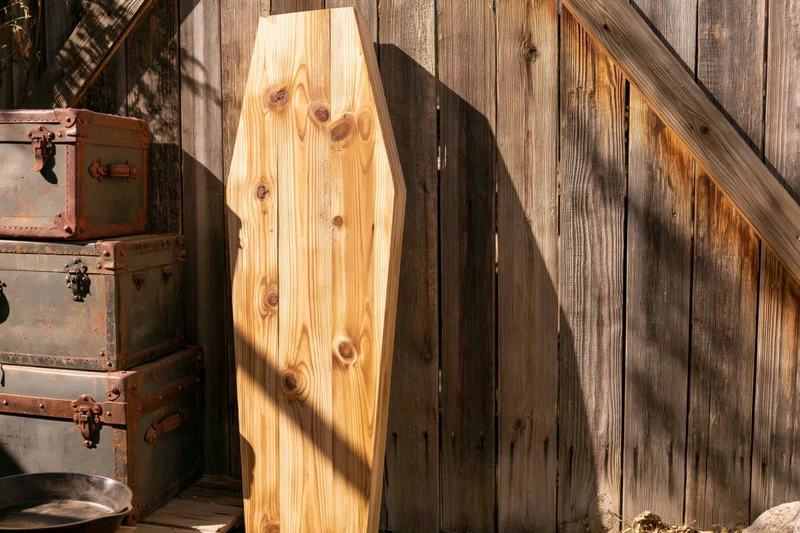 Raw pine coffin leaning upright against weathered wooden wall beside stacked vintage trunks in sunlight