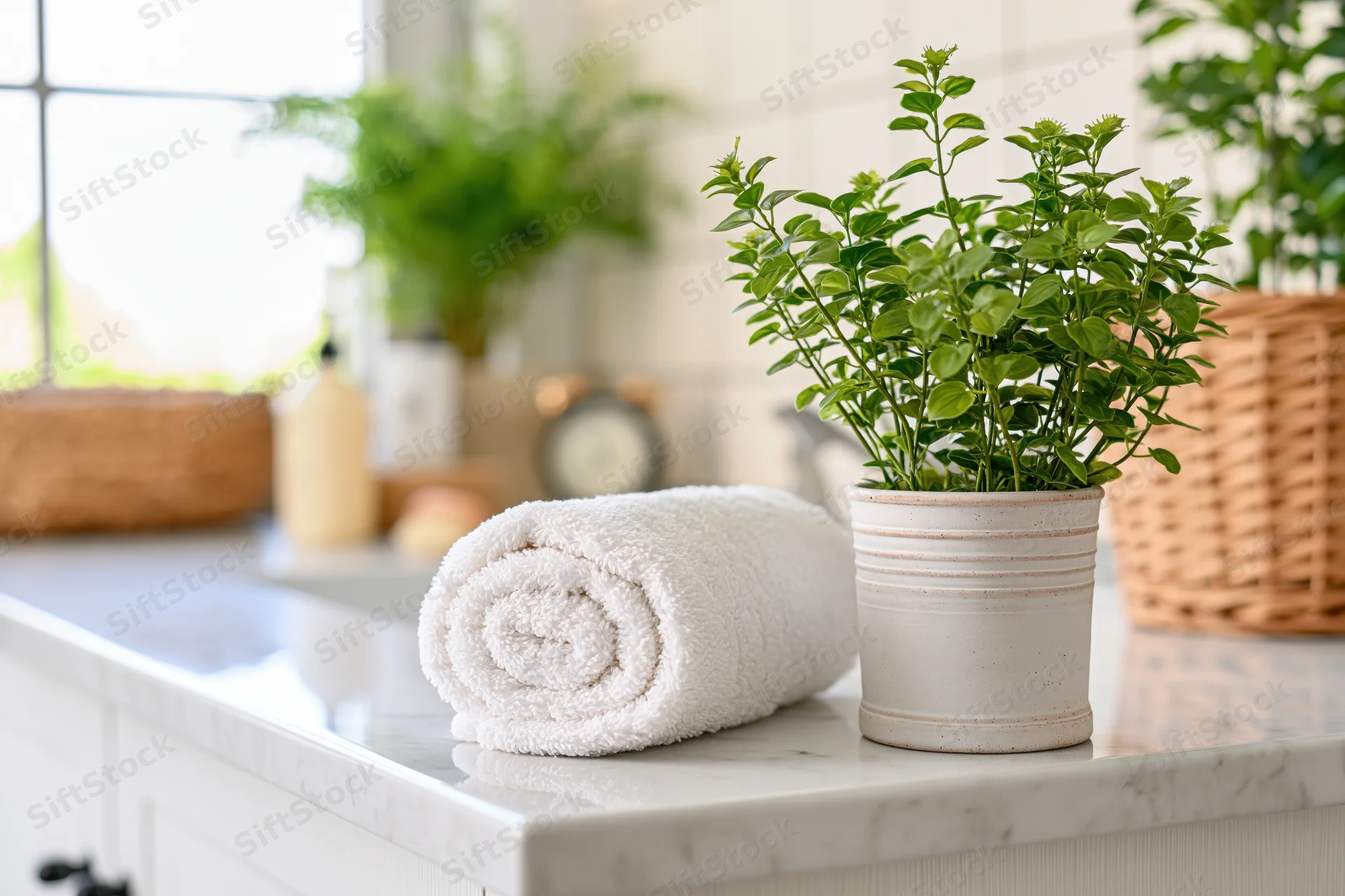 Rolled white cotton towel beside a small potted green plant on a marble bathroom countertop