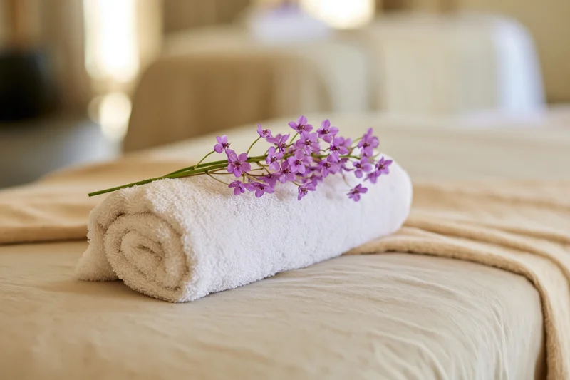 Rolled white towel with purple orchid on bed in spa setting