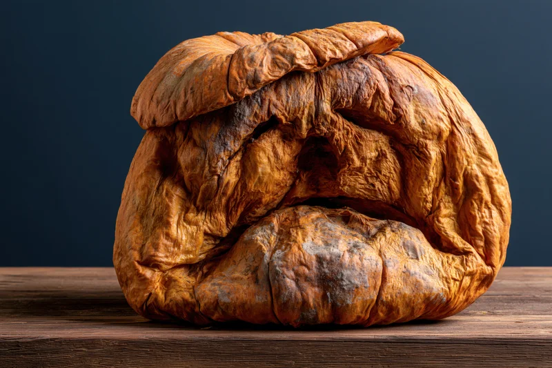 Rotting carved pumpkin with deep wrinkles and mold on wooden table