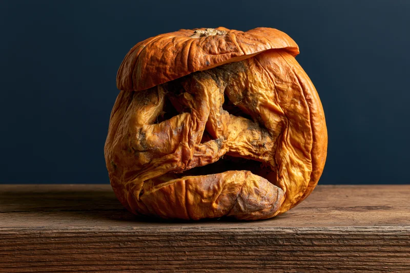 Rotting carved jack-o-lantern with wrinkled skin on wooden table