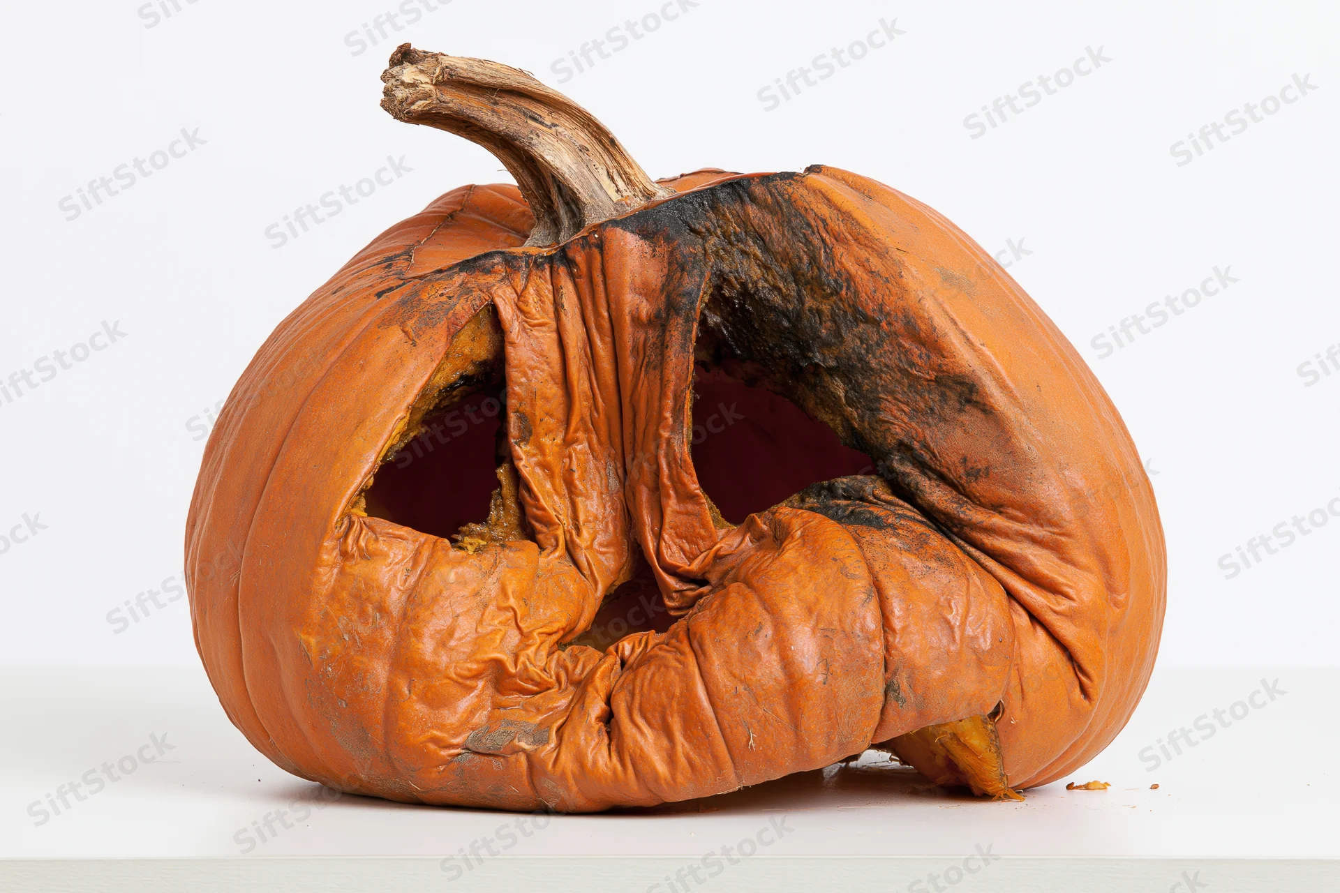 Rotting carved jack-o-lantern with shriveled skin and burnt features on white surface