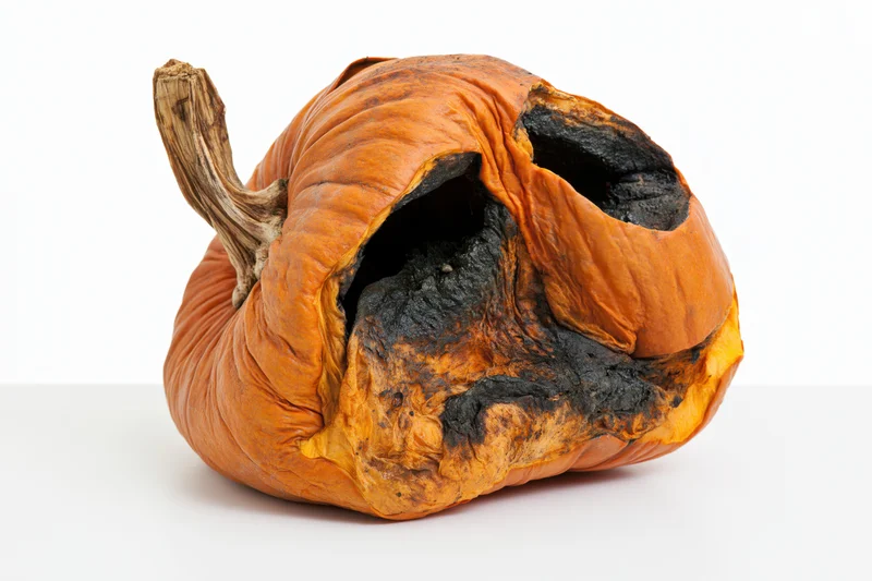 Rotting carved pumpkin with blackened cavities lying on white surface