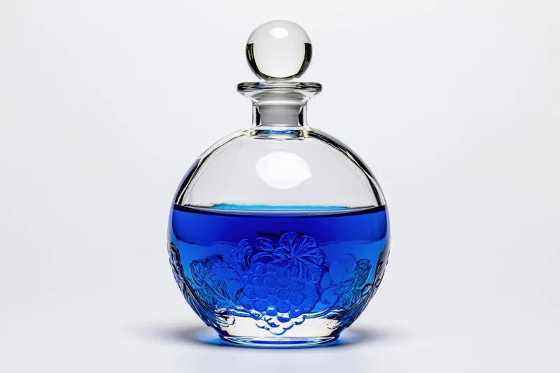 Round glass decanter with embossed floral pattern and blue liquid on white background