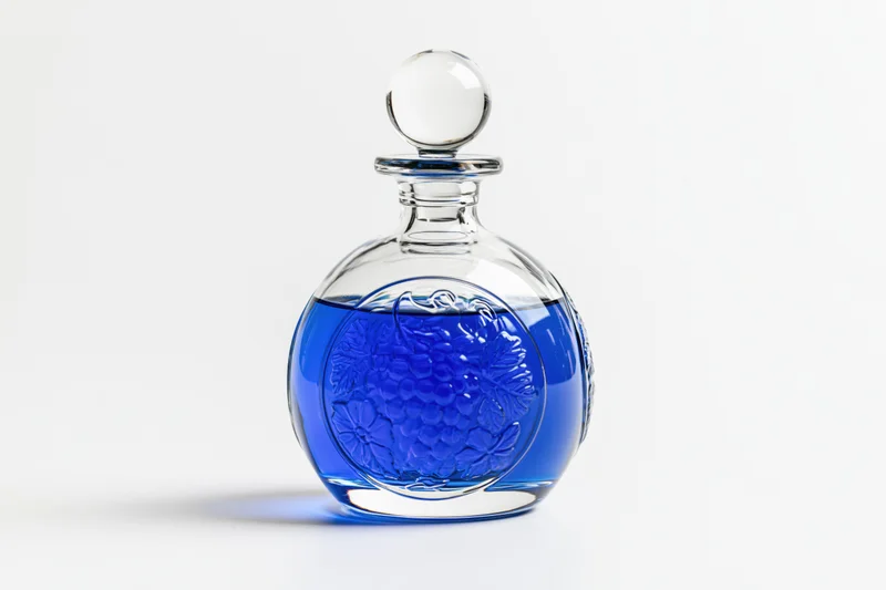 Round glass decanter with embossed floral pattern filled with blue liquid on white background