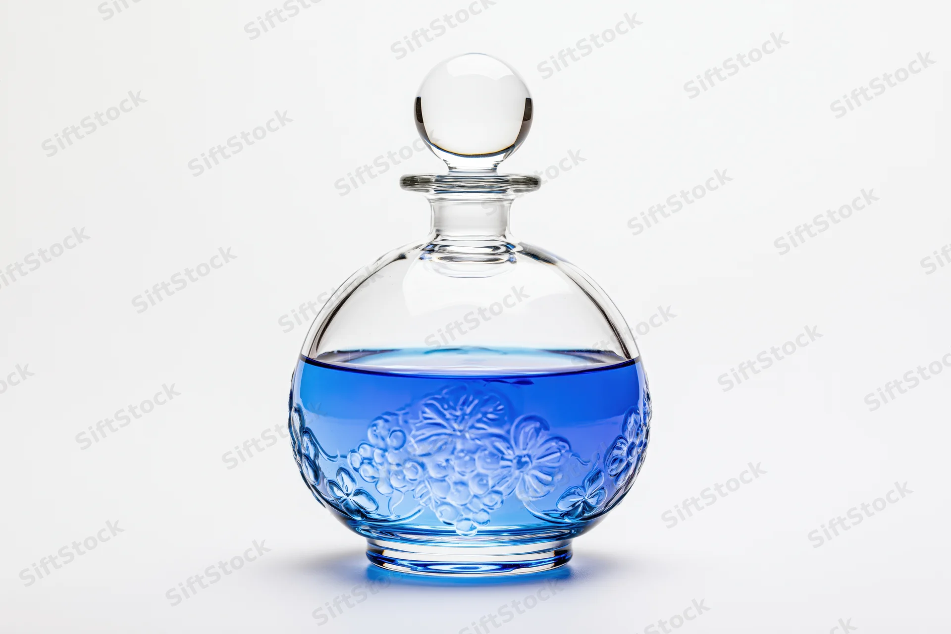Round glass decanter with embossed floral pattern filled with blue liquid on white background