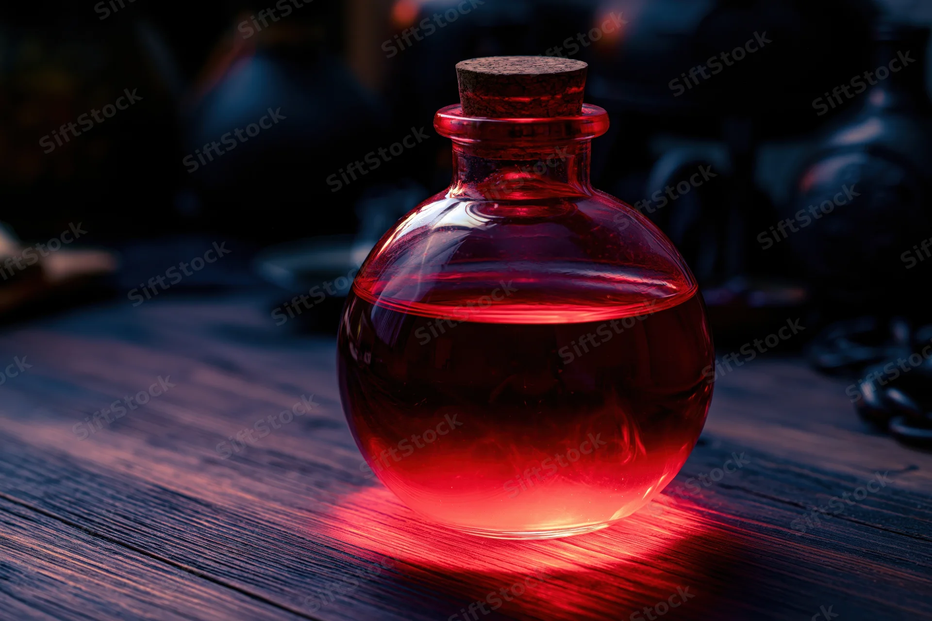 Round glass potion bottle with cork stopper glowing red on dark wooden table