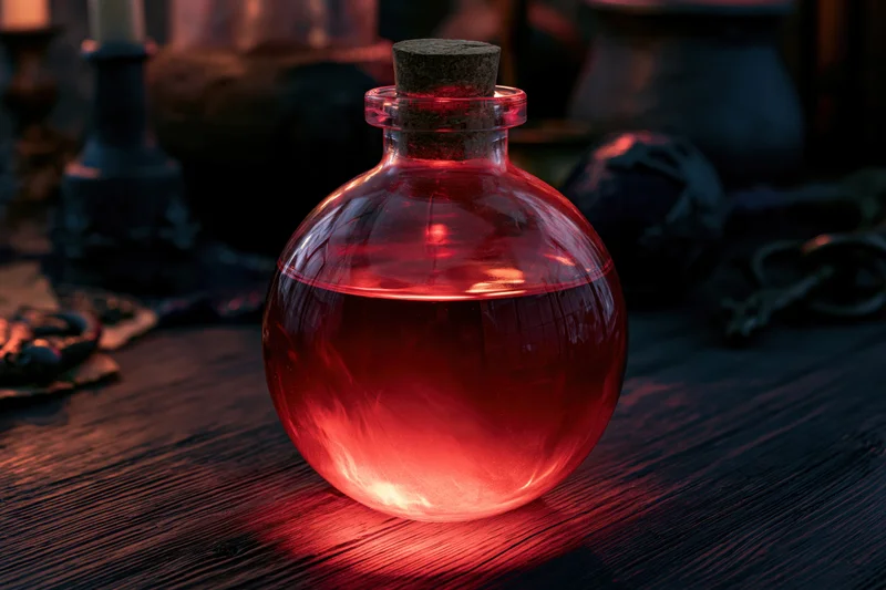 Glowing red potion in a round glass bottle with cork stopper on dark wooden table