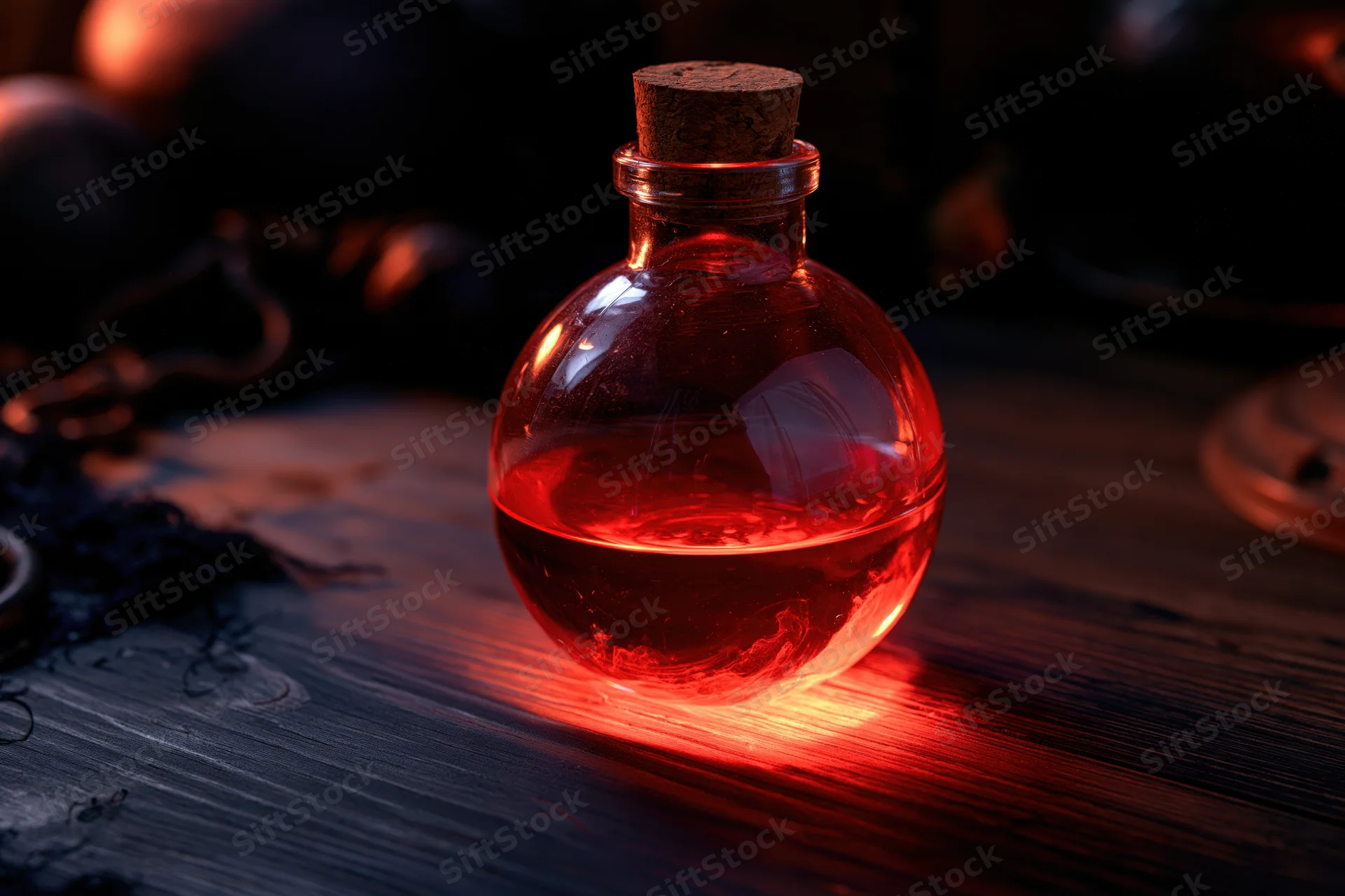 Round glass potion bottle with red glowing liquid and cork stopper on dark wooden table
