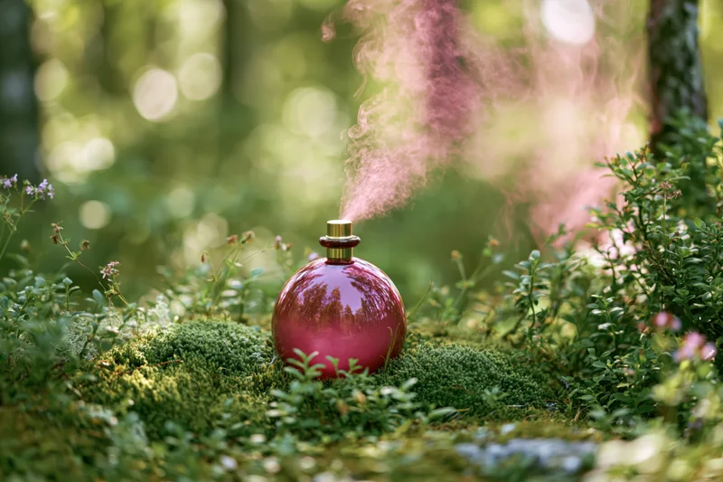 Round pink glass perfume bottle diffusing mist on mossy forest floor