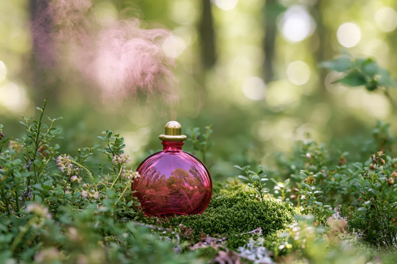 Round pink glass perfume bottle resting on mossy forest ground with vapor rising, surrounded by green foliage and dappled sunlight