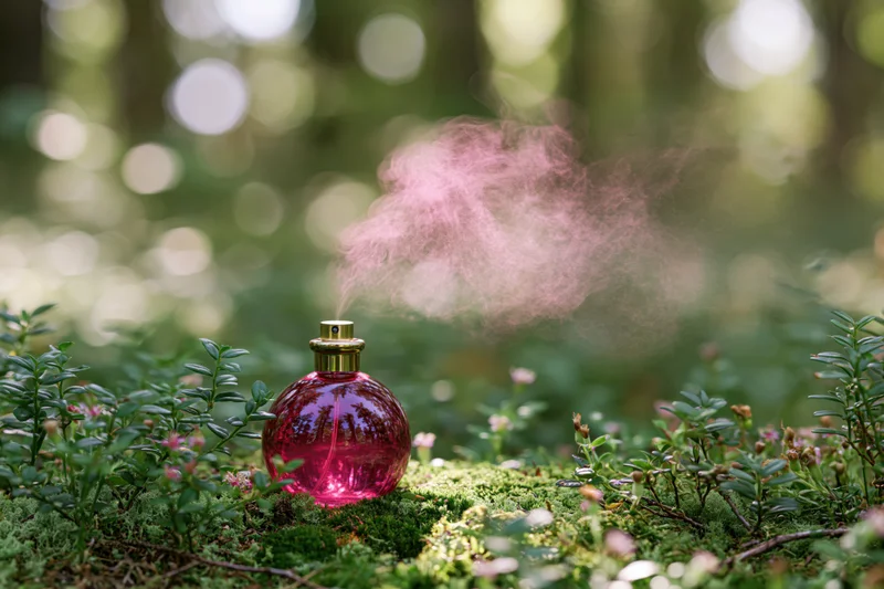 Round pink glass perfume bottle spraying scent on mossy forest floor