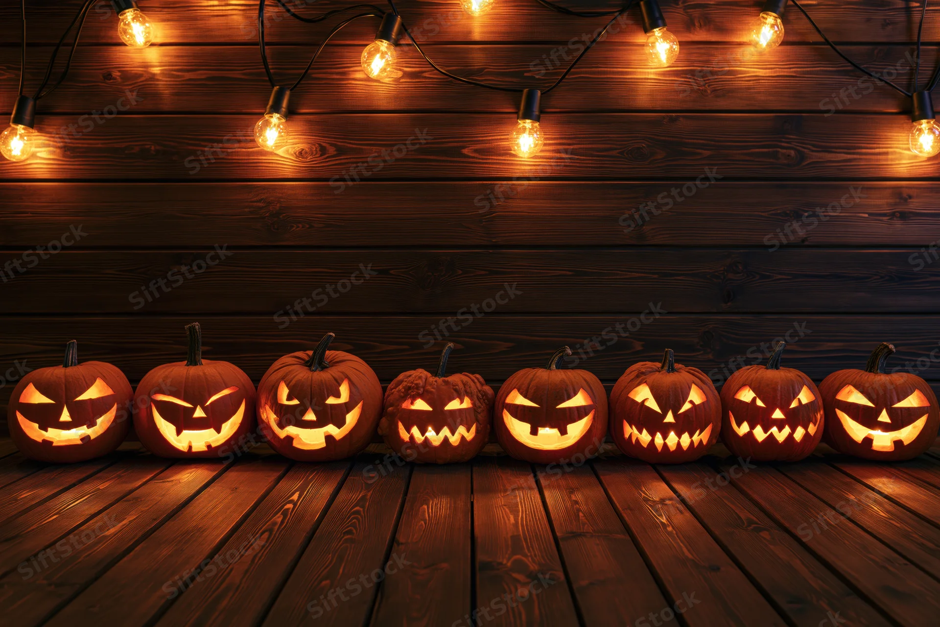 Row of carved jack-o-lanterns glowing on wooden floor beneath string lights