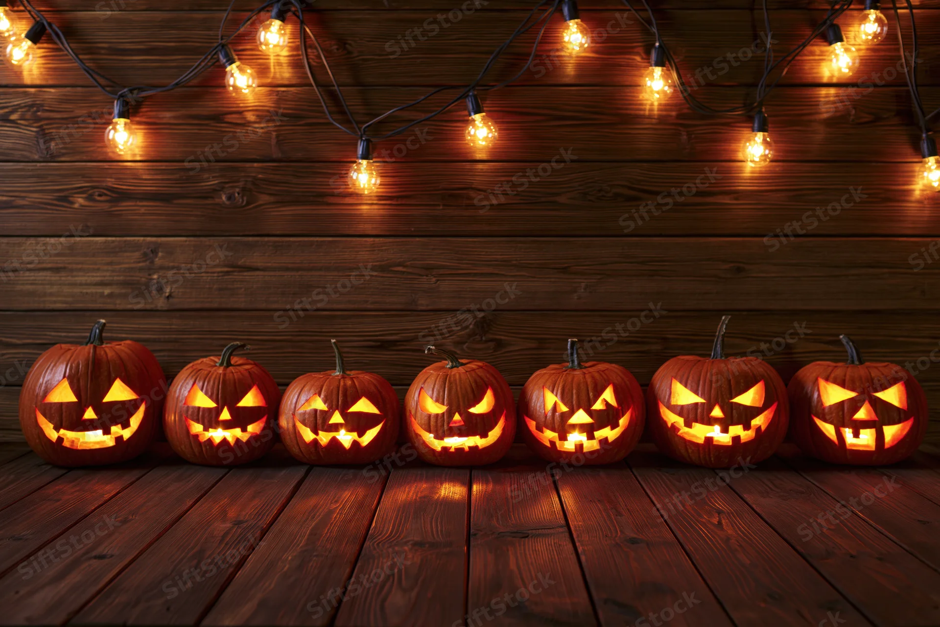 Row of carved jack-o-lanterns glowing on wooden floor beneath string lights