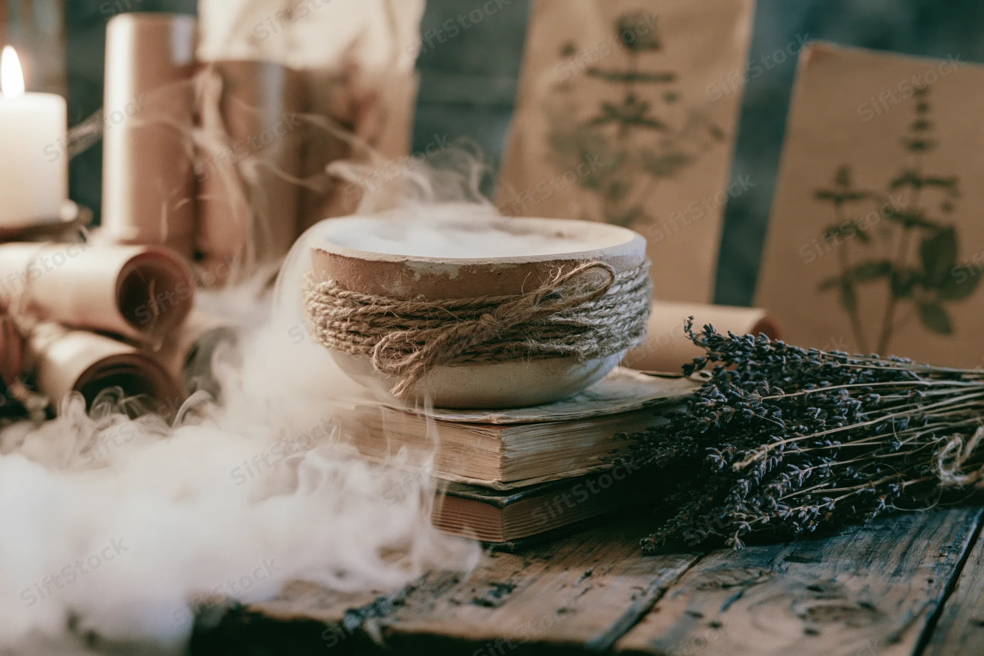 Ceramic bowl wrapped in twine emitting smoke on a stack of old books beside dried lavender and a lit candle on a wooden table
