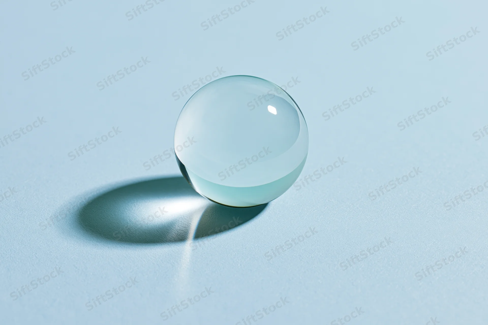 A clear glass sphere resting on a pale blue surface