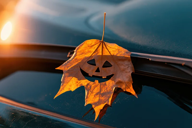 Dry autumn leaf with jack-o-lantern cutout resting on car windshield at sunset