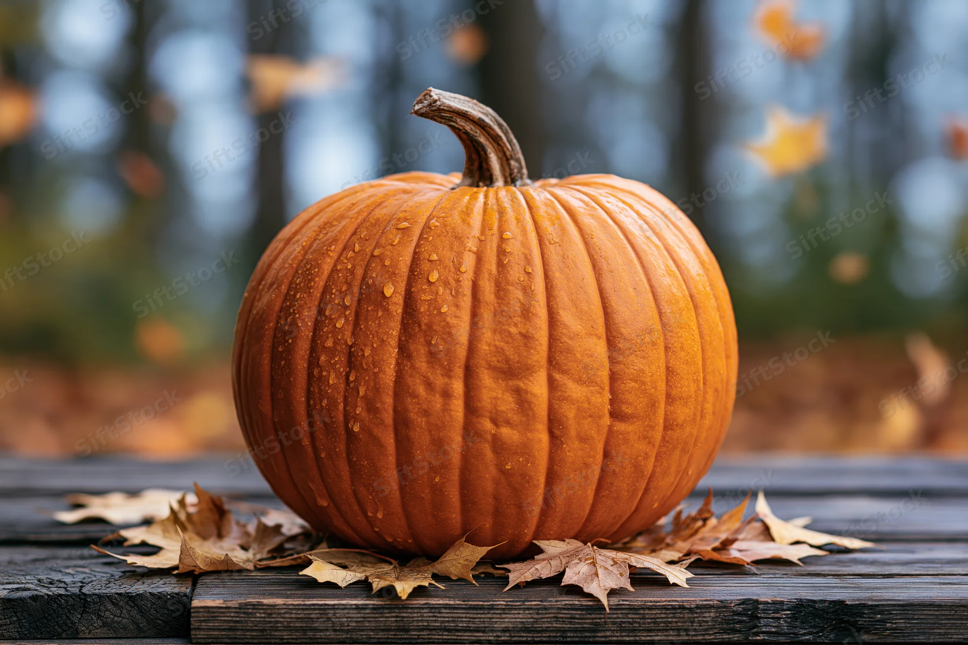 Large orange pumpkin with water droplets resting on a wooden table surrounded by fallen leaves in an autumn outdoor setting