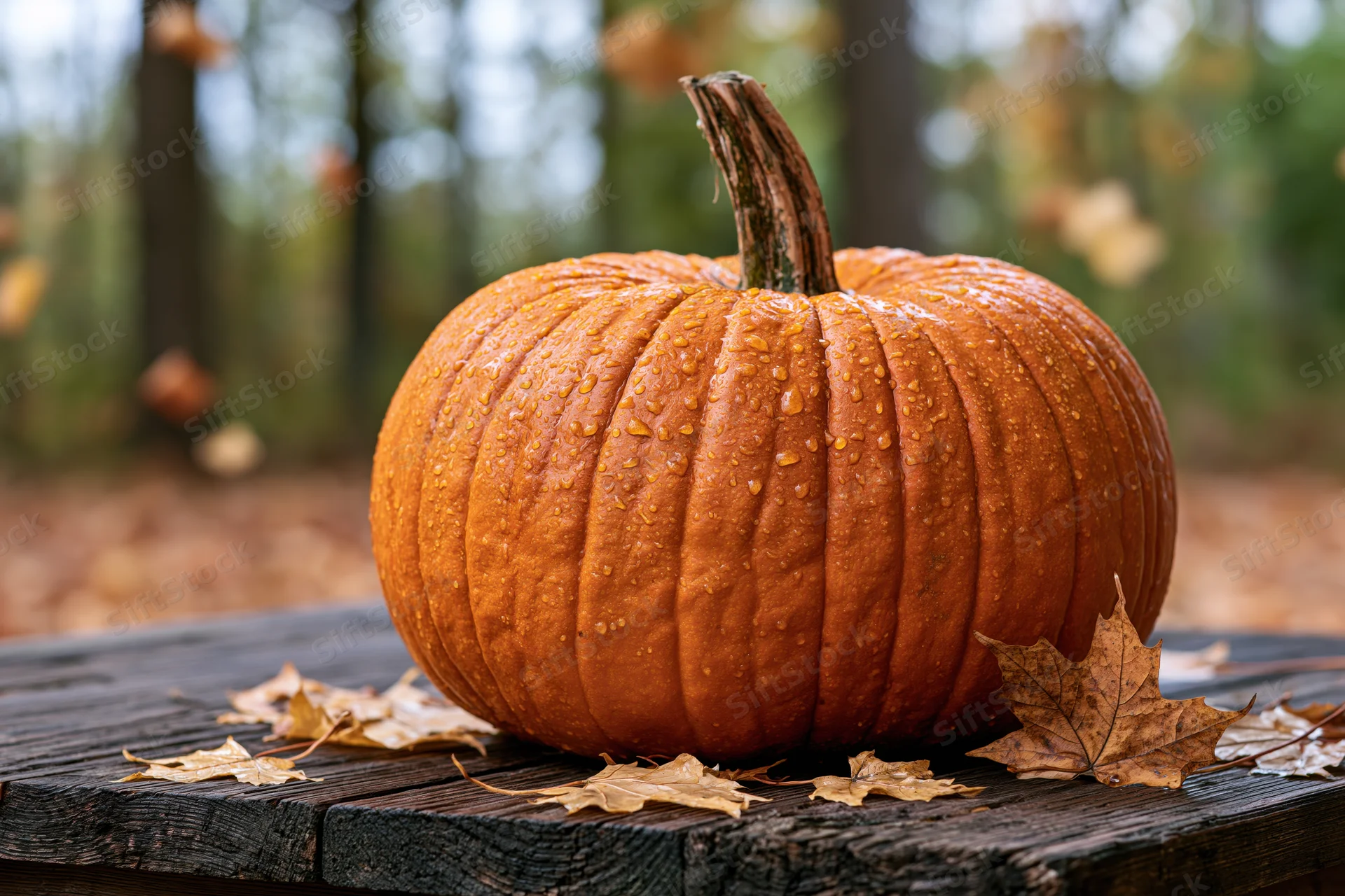 Large orange pumpkin with water droplets resting on a wooden table surrounded by dried leaves in a forest setting