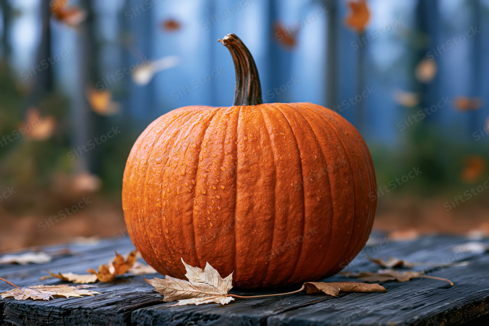 Large orange pumpkin with water droplets resting on a wooden table surrounded by fallen leaves in a forest setting